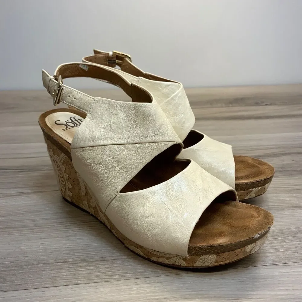 Sofft Corrina Latte White Embroidered Flowers Cork Wedge‎ Sandals Size 9.5M